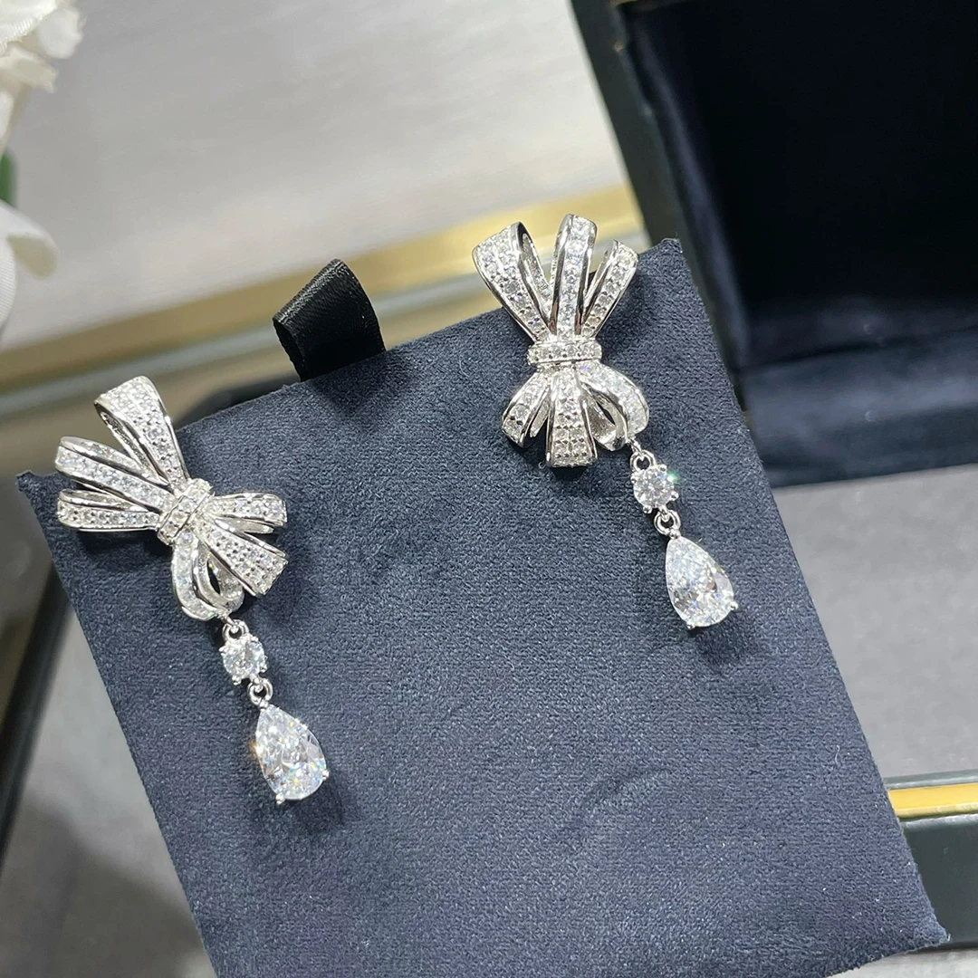 Pendientes de mujer de plata de ley S 925 con lazo y diamantes completos, joyería de lujo de moda. Regalo de San Valentín
