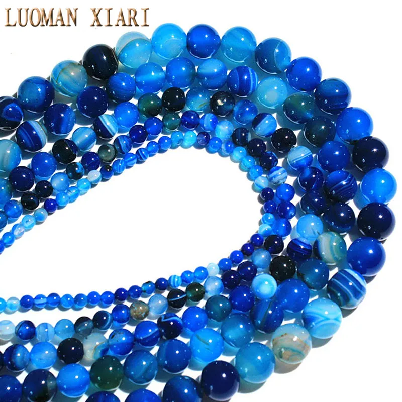 AAA+ Blue Stripe Onyx Agat  Natural Stone Beads For Jewelry Making Diy Bracelet Necklace 4/6/8/10/12 mm Wholesale Strand 15\'\'