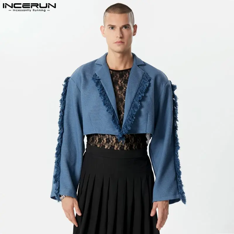 

INCERUN Топы 2023 в американском стиле, новый мужской модный блейзер с кисточками и краями, повседневный укороченный однотонный костюм с длинными рукавами, пальто, женский