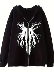 Gothic Graphic Print Zip Up Hoodies Casual Long Sleeve Loose Hoodies Sweatershirt Women Streetwear Hoodies