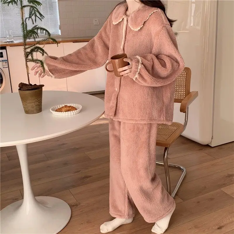 Lace Women Pajamas Set Winter Fleece Sweet Turn-down Collar Long Sleeve Tops+Pants Home Set Casual Button Cardigan Sleepwear