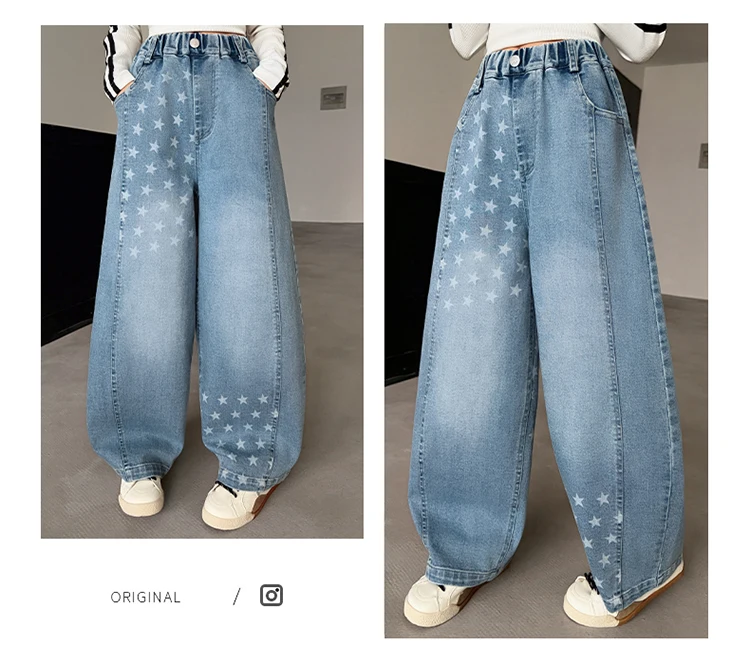 Neue Designer-Kinderjeans im Street-Style mit Sternen für Teenager-Mädchen, elegante blaue Denim-Hosen, Größe 5-14 – Detail 4