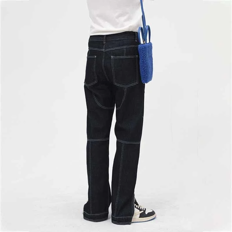 Chic Korean Straight Loose Zipper Design Mid-waist Washed Black Jeans Men 2022 Spring Streetwear Fashion Denim Trousers