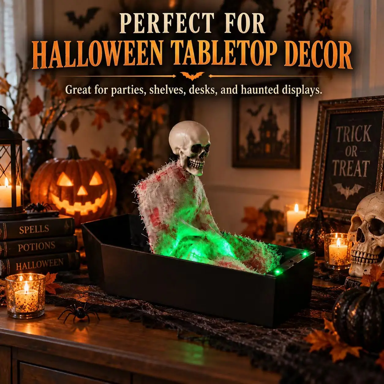ハロウィーンの電動棺型スカル。ホラーで不気味なデザイン。音に反応して光る装飾品で、パーティーに最適。