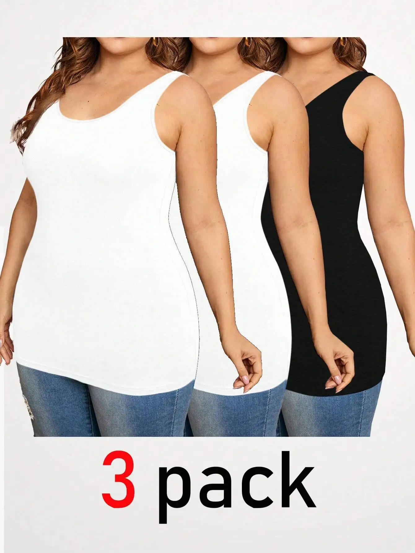 

Plus Size Women's Basic Long Tank Top 3 Pack Solid Black White Casual Comfortable