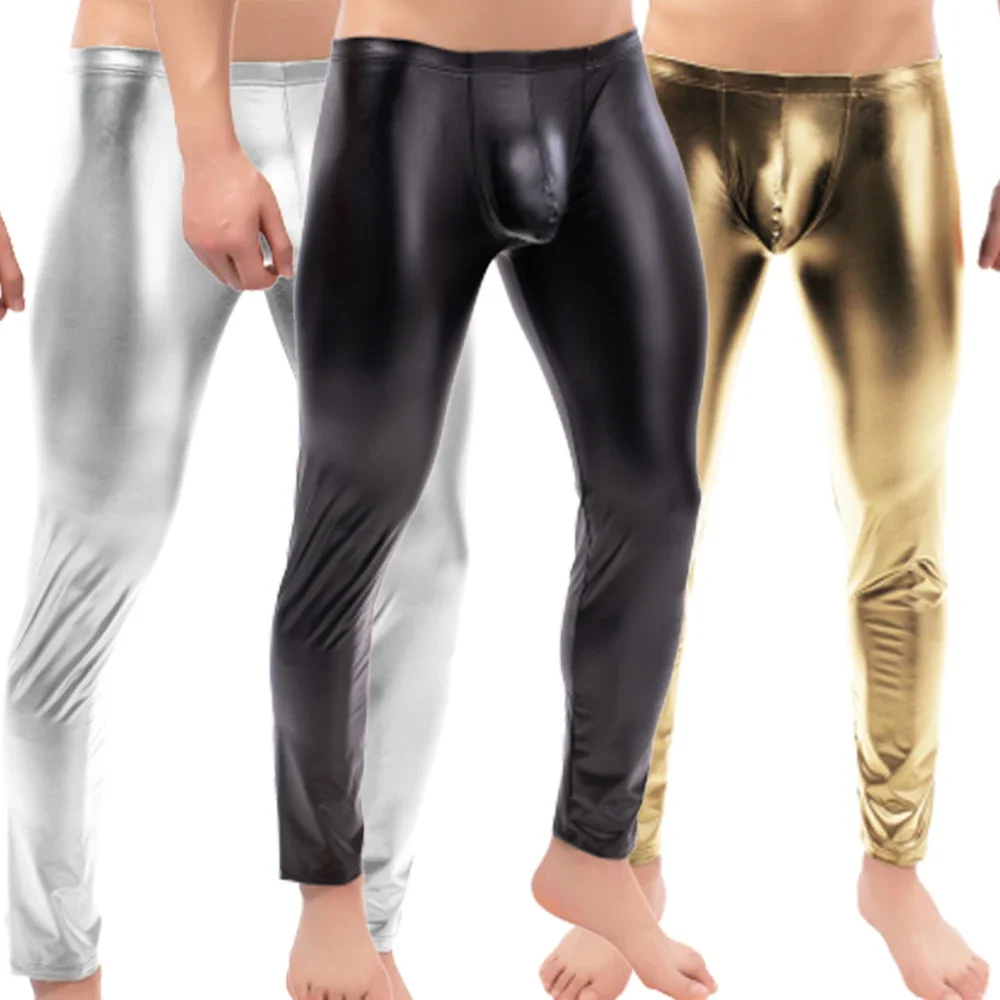 

Sexy Men Low-rise U Bulge Pouch Night Clubwear Leggings Stage Performance Tights Bodywear Pants Man Shiny Faux Leather Leggings