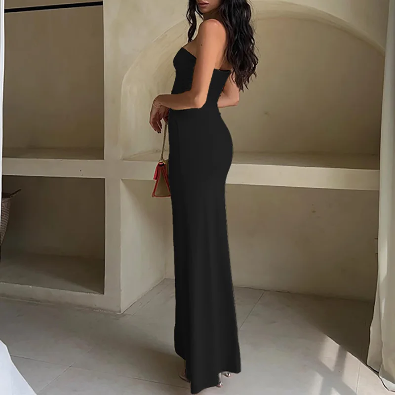 Abito da festa drappeggiato in metallo senza spalline sexy da donna Nuovo abito lungo aderente con vestibilità slim cava solida primaverile Abito bohémien aderente senza schienale estivo