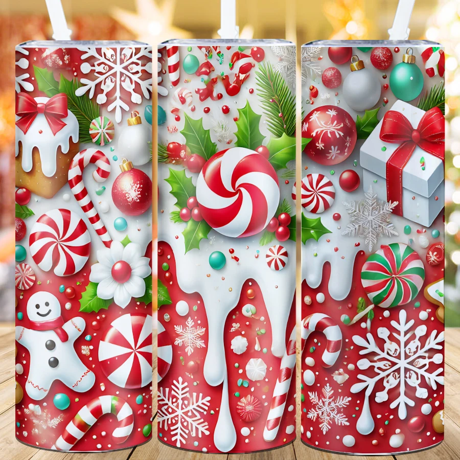 Merry Christmas Water Mugs Straw Lid 1Pc 20oz Stainless Steel Hot Cold Insulated Tumblers 3D Print Christmas Party Style Cups