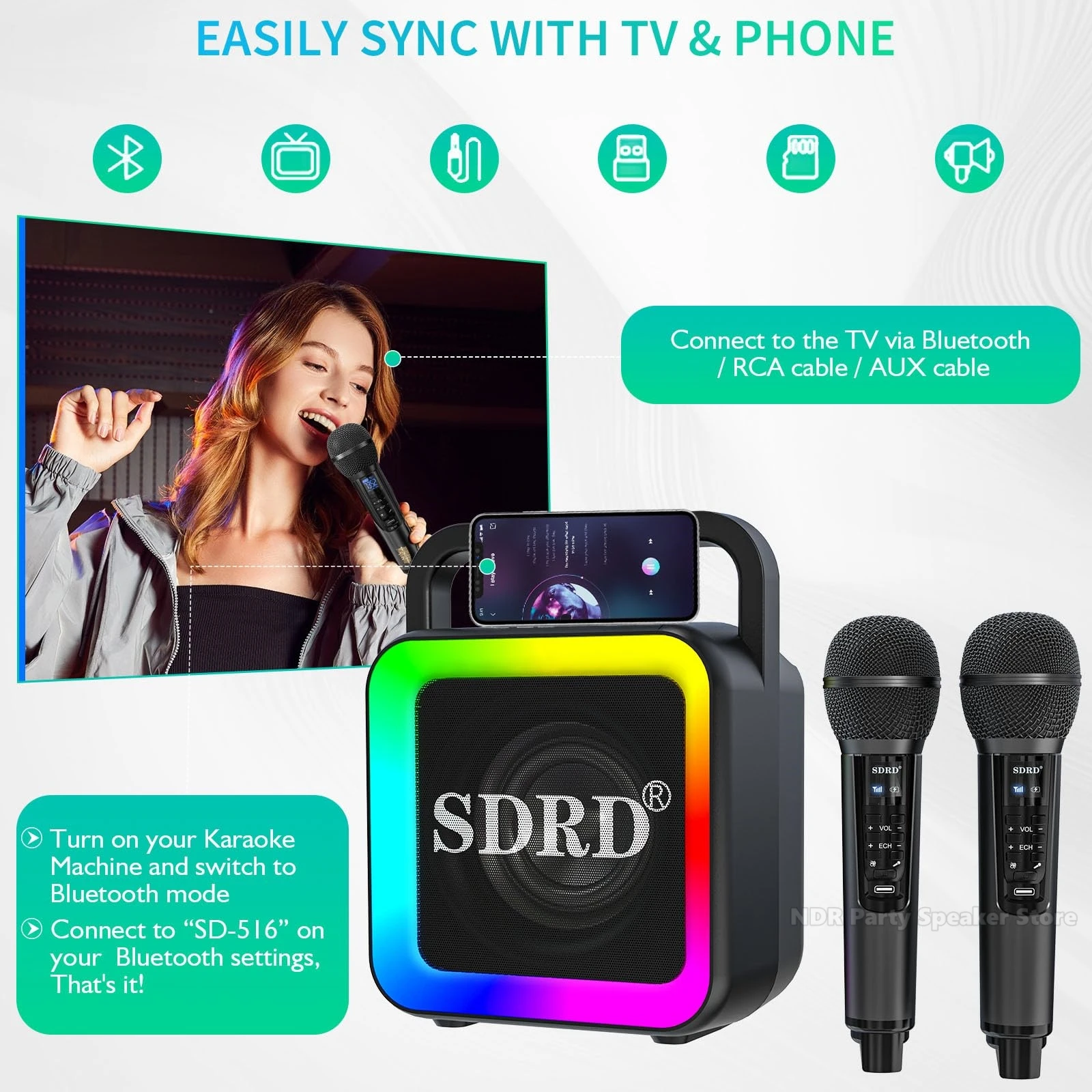 SD516 Karaoke Machine Kids Adults Mini Portable Bluetooth Speakers with 2 Wireless Microphones Birthday Speaker Party System