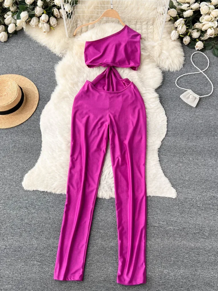 Foamlina Women Sexy One Shoulder Jumpsuits Summer New Sleeveless Hollow Out Waist Slim Stretch Full Length Pencil Pants Rompers