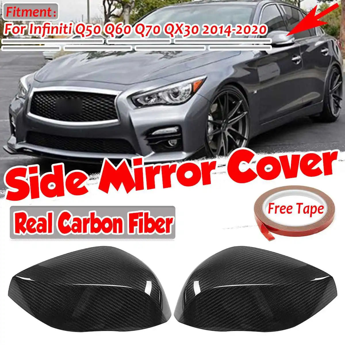 Real Carbon Fiber Car Side Door Wing Rearview Mirror Cover Cap For Infiniti Q50 2014-2020 Add On Rear View Mirrors Caps Cover