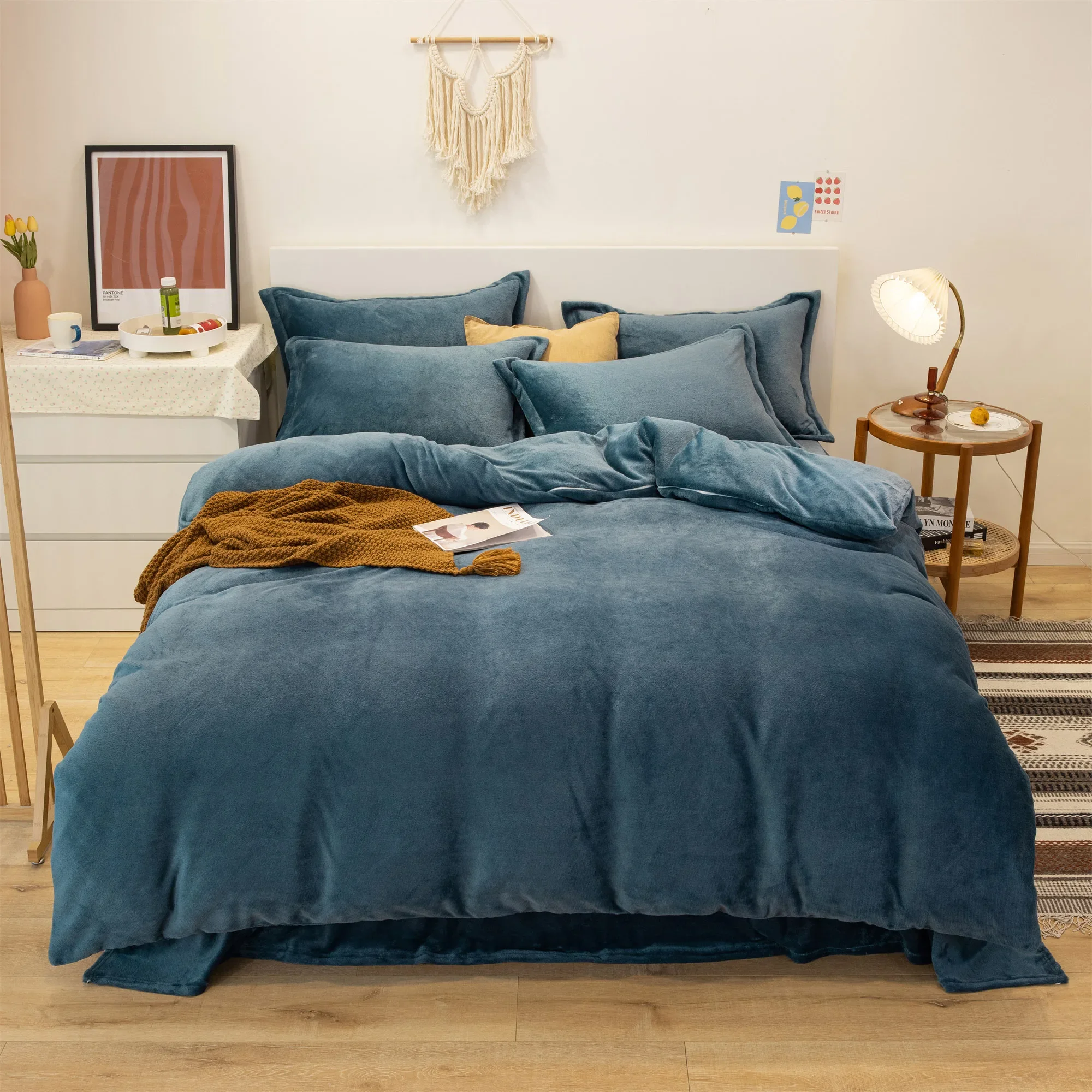 150/180/200CM Fog Blue Grey Coral Velvet Bed Sheet Duvet Cover Pillowcase Four-piece Winter Autumn Bedding Set M045-10