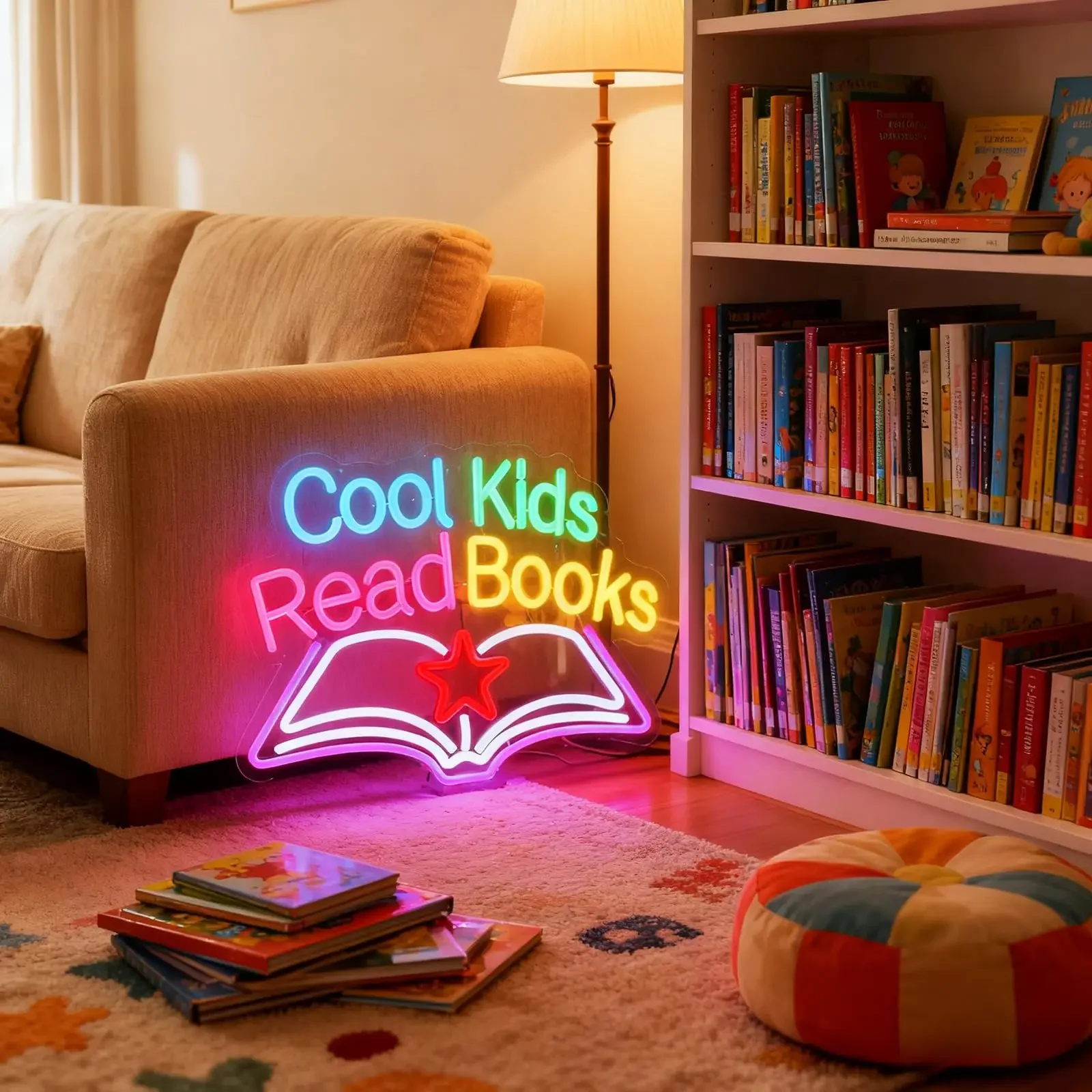 

Прохладный детский неоновый знак для чтения книг-уголок для чтения в классе, светильник в форме книги с диммером, подвесная цепочка в комплекте