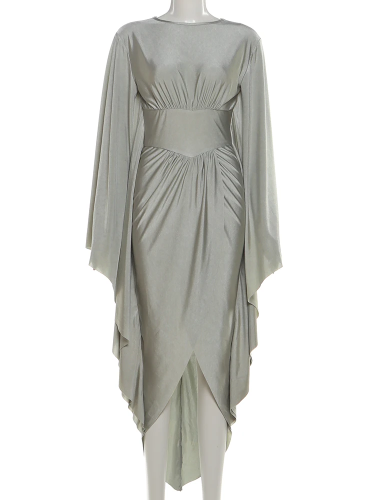 Weird Puss Classic Flare Sleeve Dress Women Patchwork O-Neck Irregular Hem Sexy Elegant Simple Skinny Evening Prom Party Bodycon