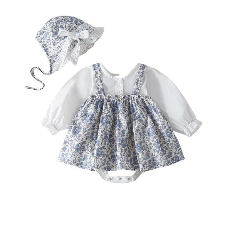 Autumn Floral Newborn Baby Girls Dress Bodysuit with Hat 2pcs Stitching Cotton Long Sleeve Infant Baby Girls Jumpsuit Outfits