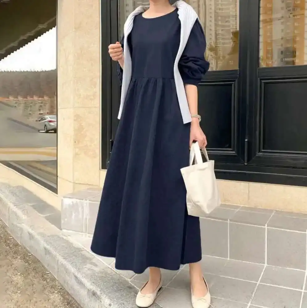 Robe longue en Denim, col rond, manches longues, ample, style bohème, couleur unie, tempérament, dubaï, luxe, Islam, élégante, nouvelle collection 2025