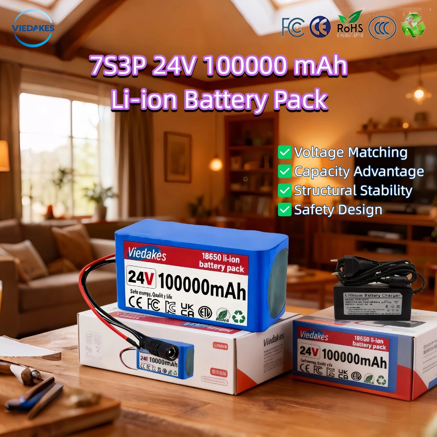 

Original for Viedakes 18650-7S3P 24V 100000 mAh Li-ion Battery Pack for electric wheelchair toy car,with charger Safety Design