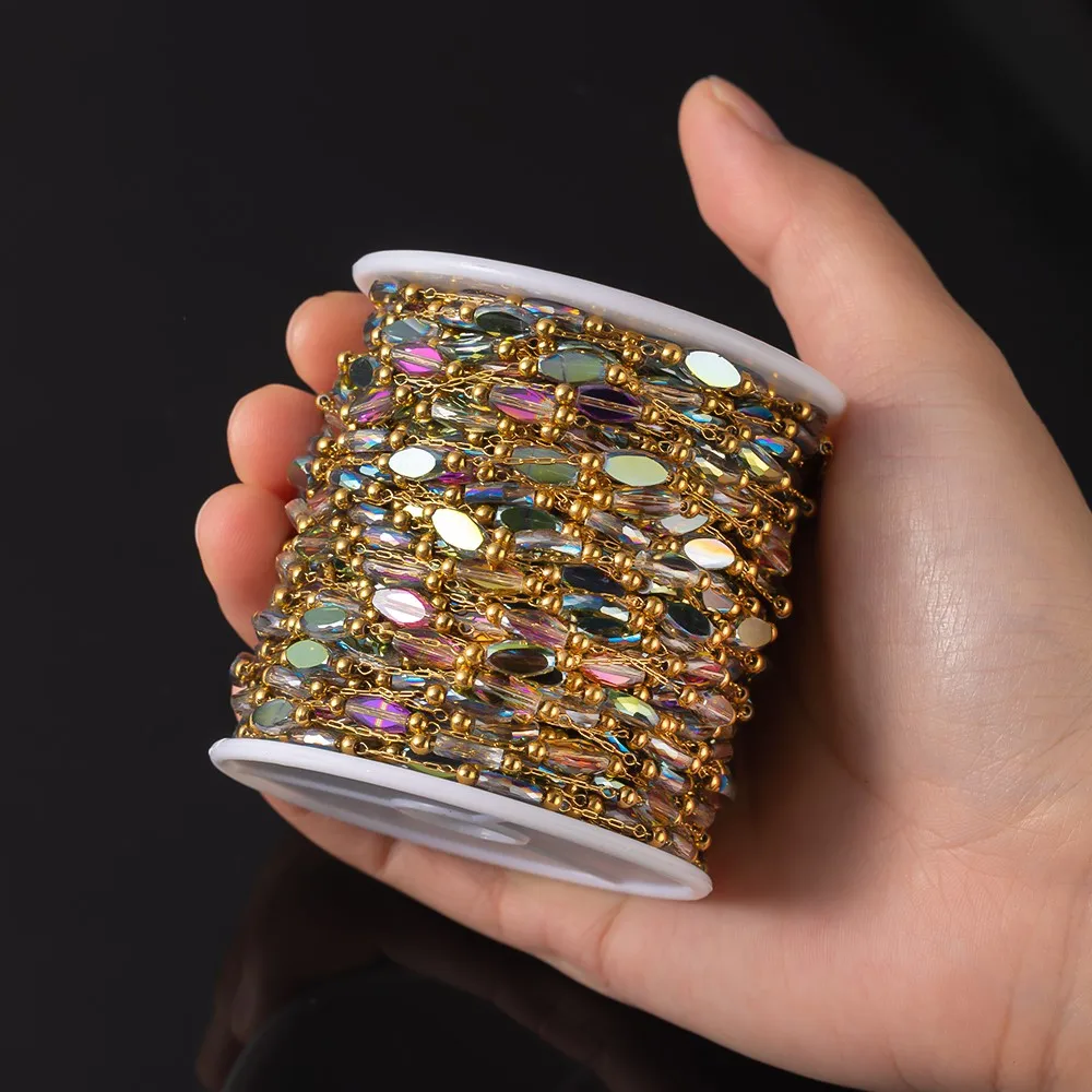 1Meter Stainless Steel Gold Beaded Crystal Rhombus Chains For DIY Bracelets Necklaces Earrings Jewelry Making Supplies No Fade view 2