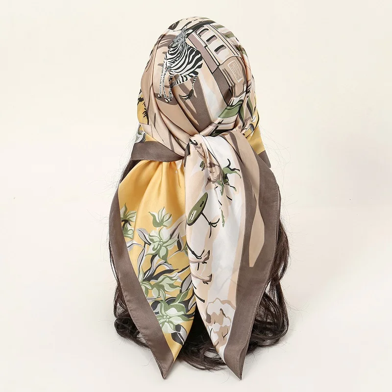 Luxury Stain Silk Square Scarf Soft Bandana Muslim Women'S Hijab Newest 2024 Kerchief Lady Headband Female Foulard Head Wraps