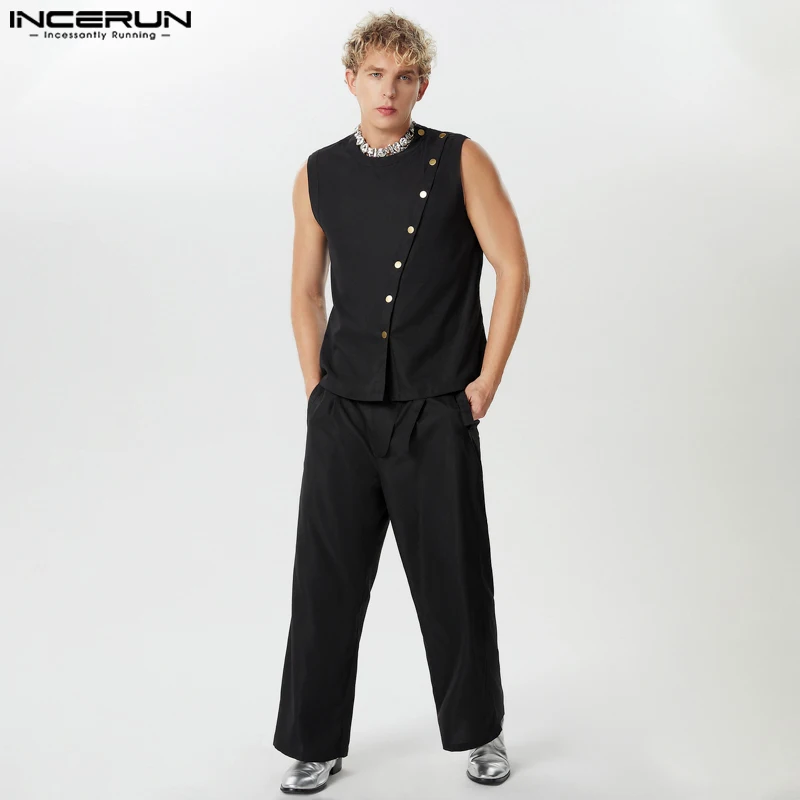 INCERUN Men Sets Summer Solid Color O-neck Sleeveless Tank Tops & Pants Two Pieces Sets Streetwear 2024 Fashion Men Casual Suits