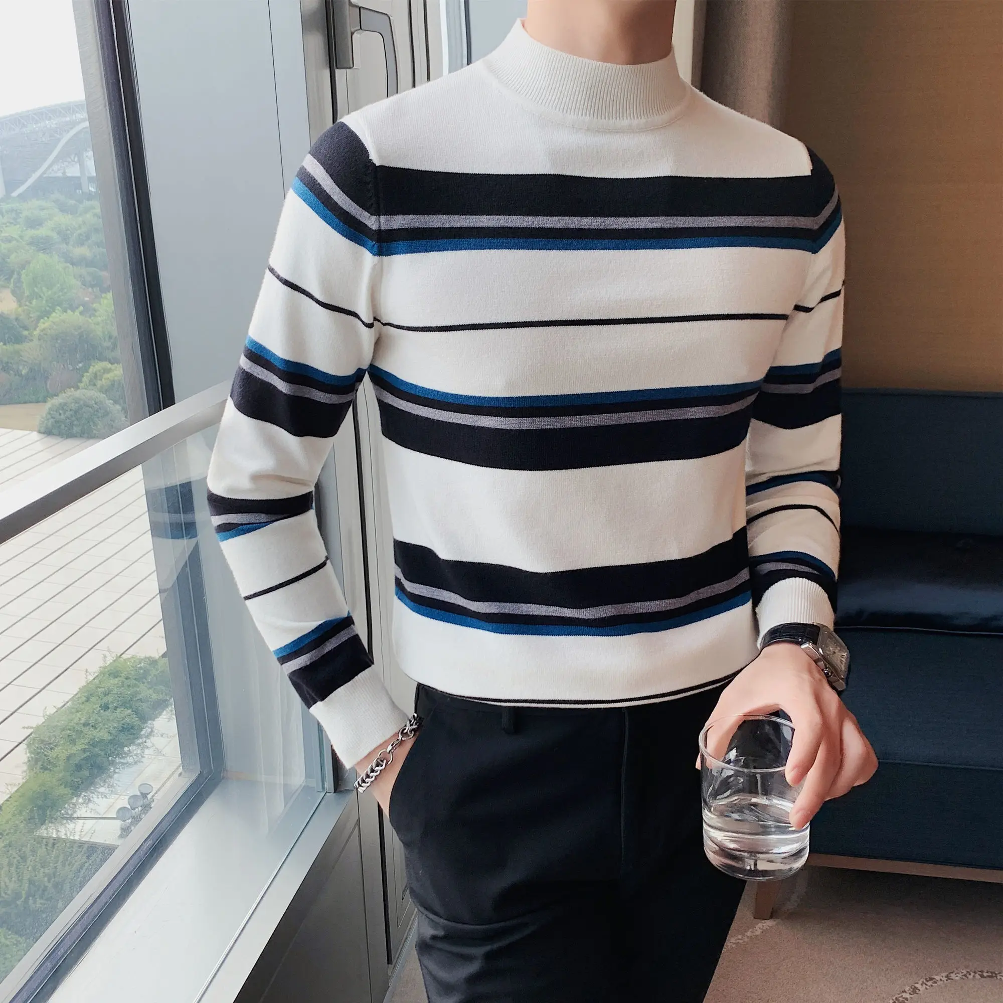 2023 Brand Clothing Men's Autumn/winter Thermal Knitting Sweater/Male Slim Fit Fashion Striped Knit Shirt Man Casual Pullover