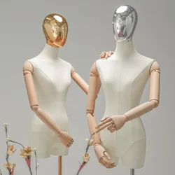 Dress Form Fabric Cover Female Half Body Mannequin with Plated Head Iron Stand Hip Torso For Window Clothing Display