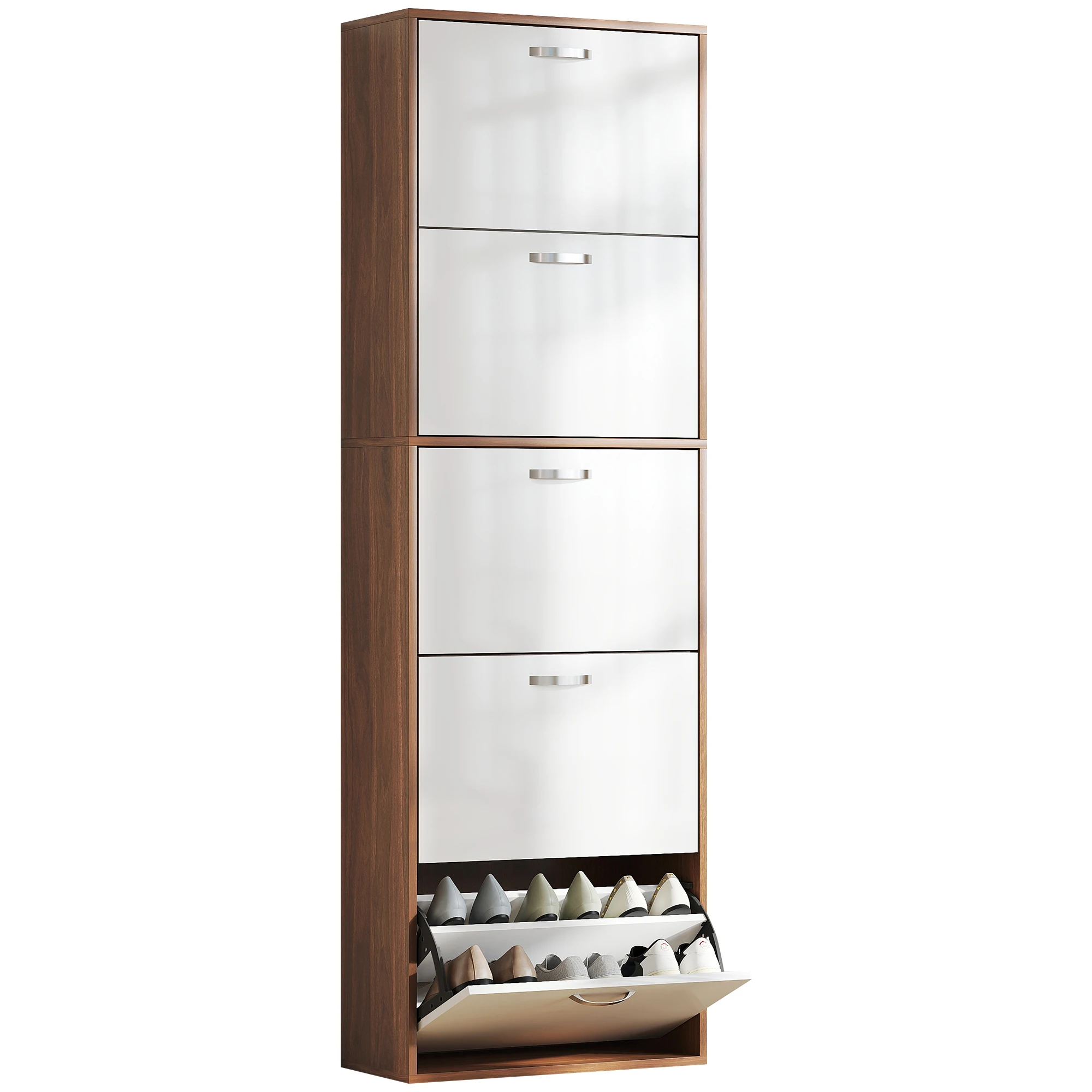 Armoire à Chaussures Meuble à Chaussures Design Contemporain 5 Portes abattantes Bicolore Blanc Marron foncé Imitation Bois