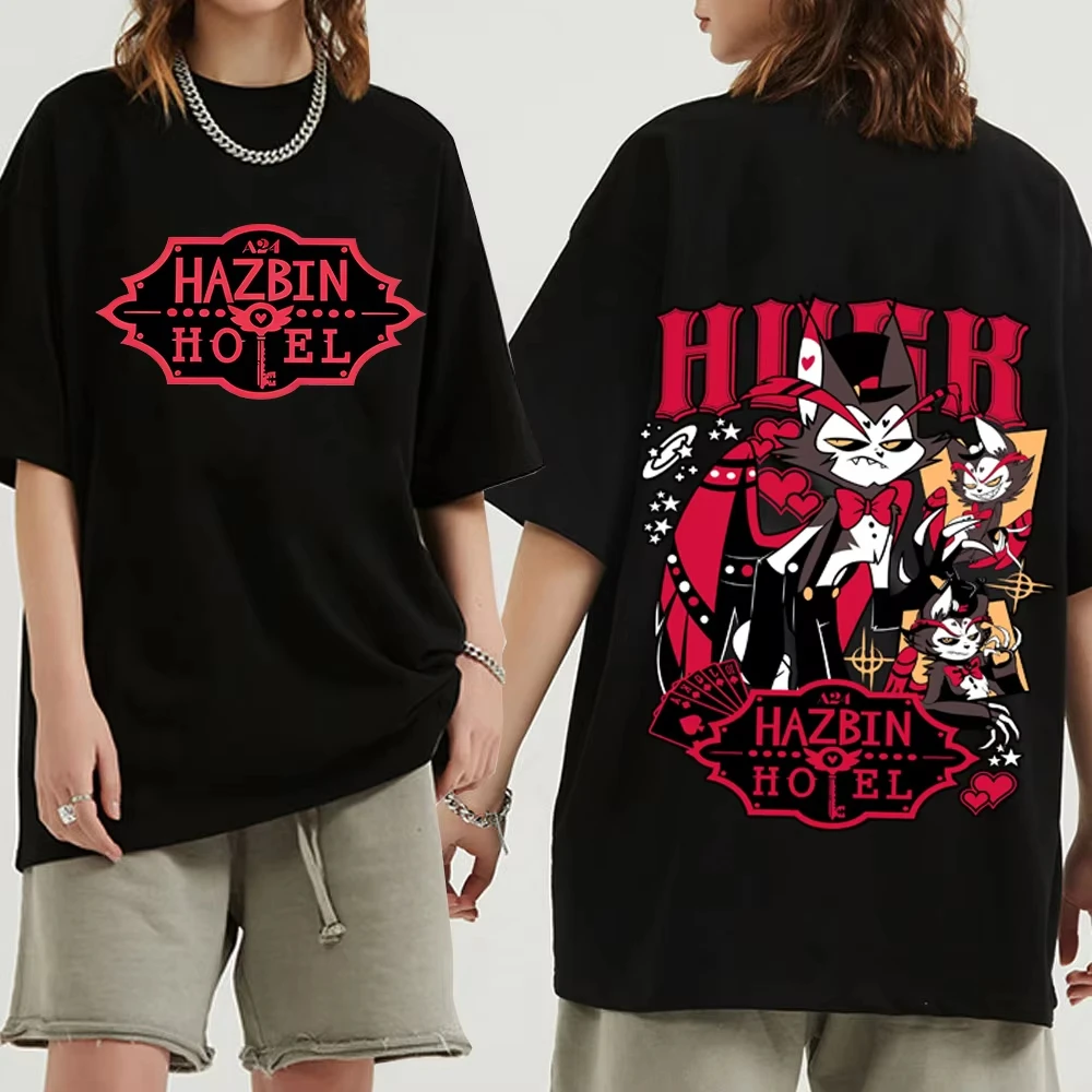

Футболка Hazbin Hotel Husk Print из чистого хлопка Y2K, летняя мужская и женская повседневная модная трендовая одежда с короткими рукавами для пар