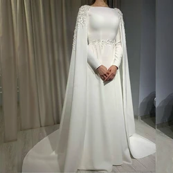 Muçulmano Noiva Vestidos de Casamento com Envoltório, Barco Pescoço, Pavimento, Apliques Beading, cetim Vestidos De Noiva, Civil