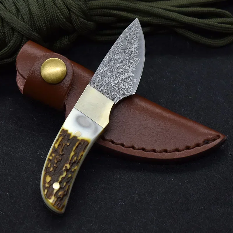 Small Damascus Steel Fixed Knife Imitation Deer Antlers Handle Outdoor Survival Straight Knife for Camping with Leather Case