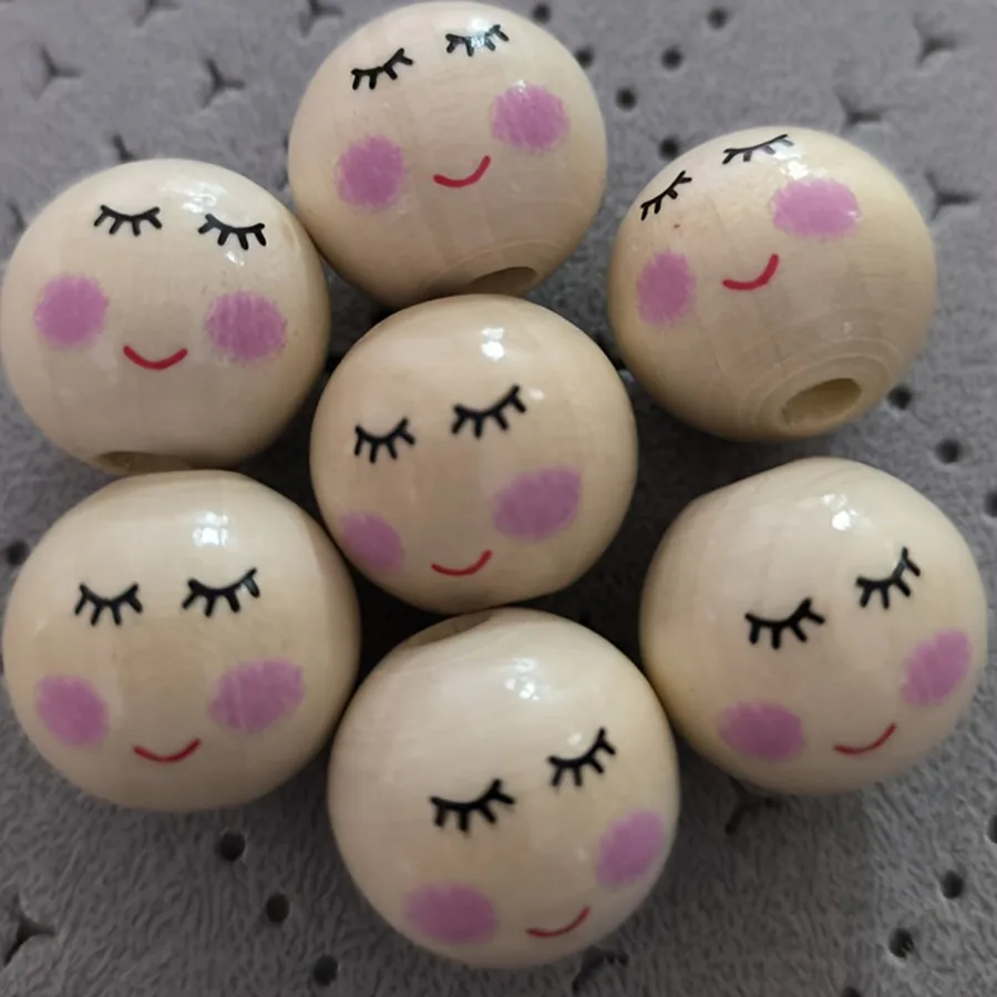 25PCS Original wood color 20mm printed smiling face wooden bead cartoon female doll head expression round bead