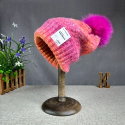 2024 thick thread knitted fox fur ball hat for women's autumn and winter versatile gradient warm ear protection pile hat