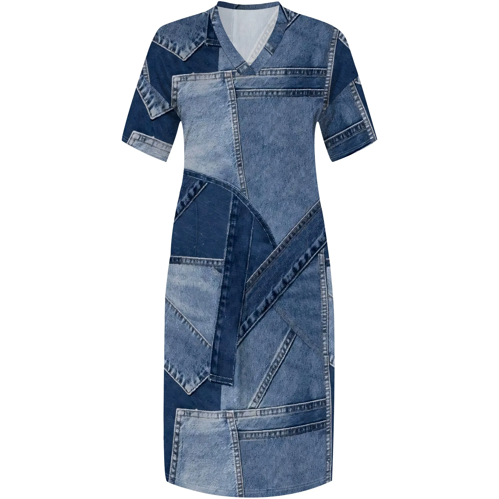 Women's Classic Polyester Denim Style Maxi Dress Blue Slit Casual Everyday