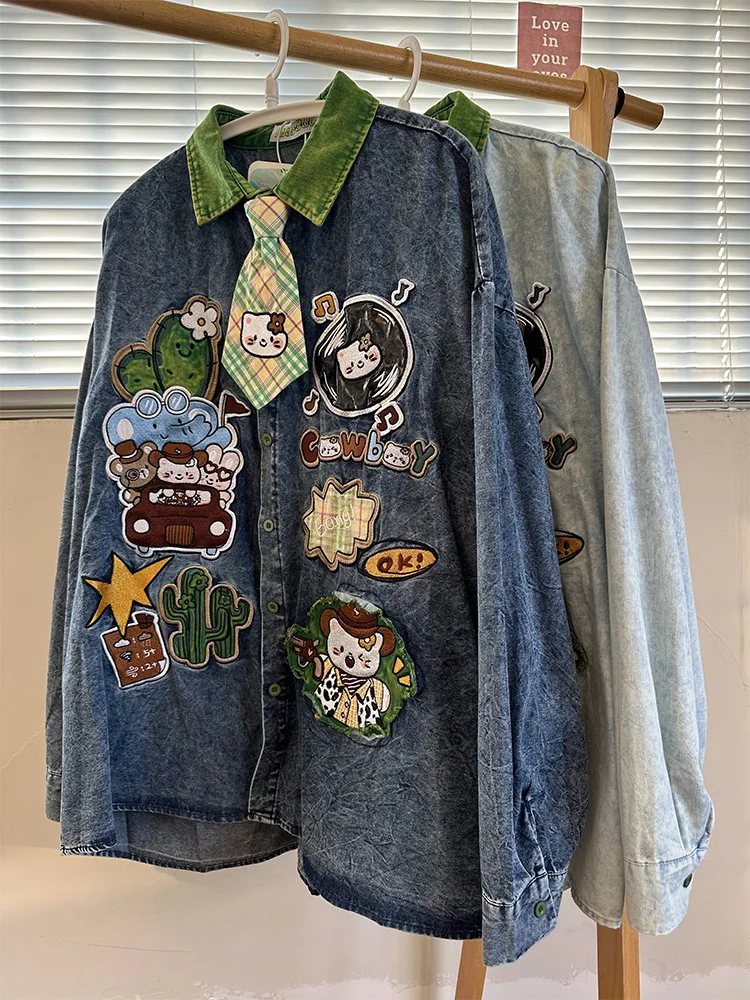 Summer and Autumn New American Retro Men's Loose Cartoon Embroidered Denim Short Sleeve Shirt Couple Casual Long Sleeve Shirt