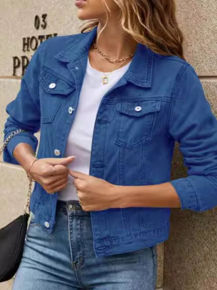 

New in Spring Autumn Denim Jacket for Women Casual Long Sleeve Tops Button Down Chest Pocket Jean Coats Elegant Lady Clothing