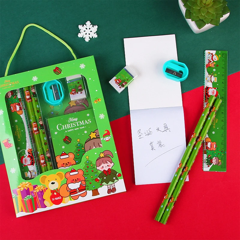 6 Pcs Christmas Stationery Set Pencil Sharpener Eraser Ruler Set Gift for Kids School Office Writing Supplies Random Color