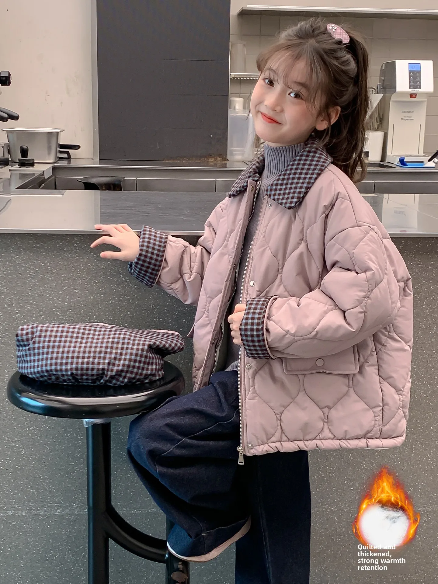 

Thiened Cotton Jaet for Big Kids Winter Clothes School orm Sle Plaid Collar Zipper Closure Long Sve Girls Coat