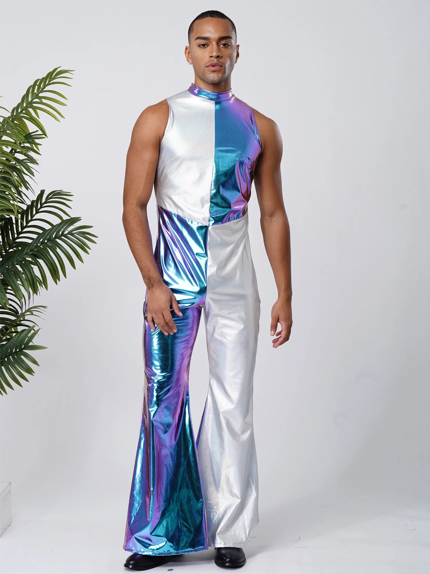 Costume da ballo da discoteca retrò da uomo, completo hippie, senza maniche, color block, tute metalliche, anni '70, anni '80, discoteca dancewear