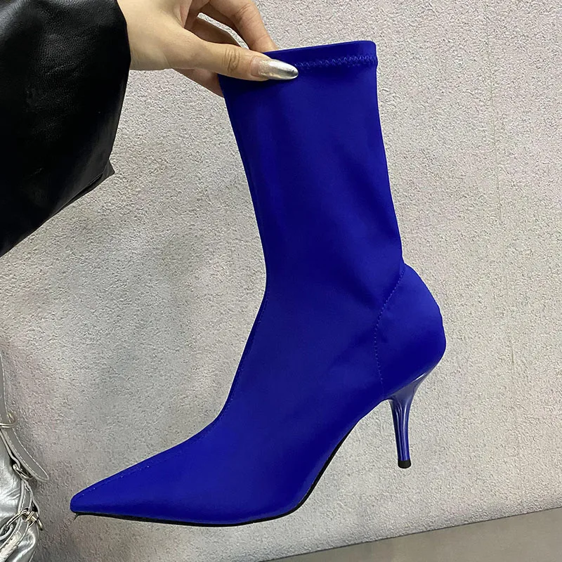 Female Thin Heels Footwear Women Stretch Ankle Boots Slip On Shoes Fashion Pointed Toe Elastic Ladies Modern Boots Pumps Shoes