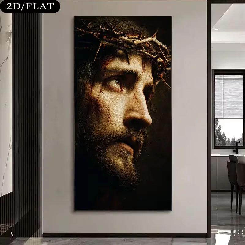 1 pièce Grande Peinture Murale Moderne Réaliste Jésus avec Couronne d'Épines - Grande Affiche d'Art Religieux sur Toile Sans Cadre Convient pour la Décoration Intérieure