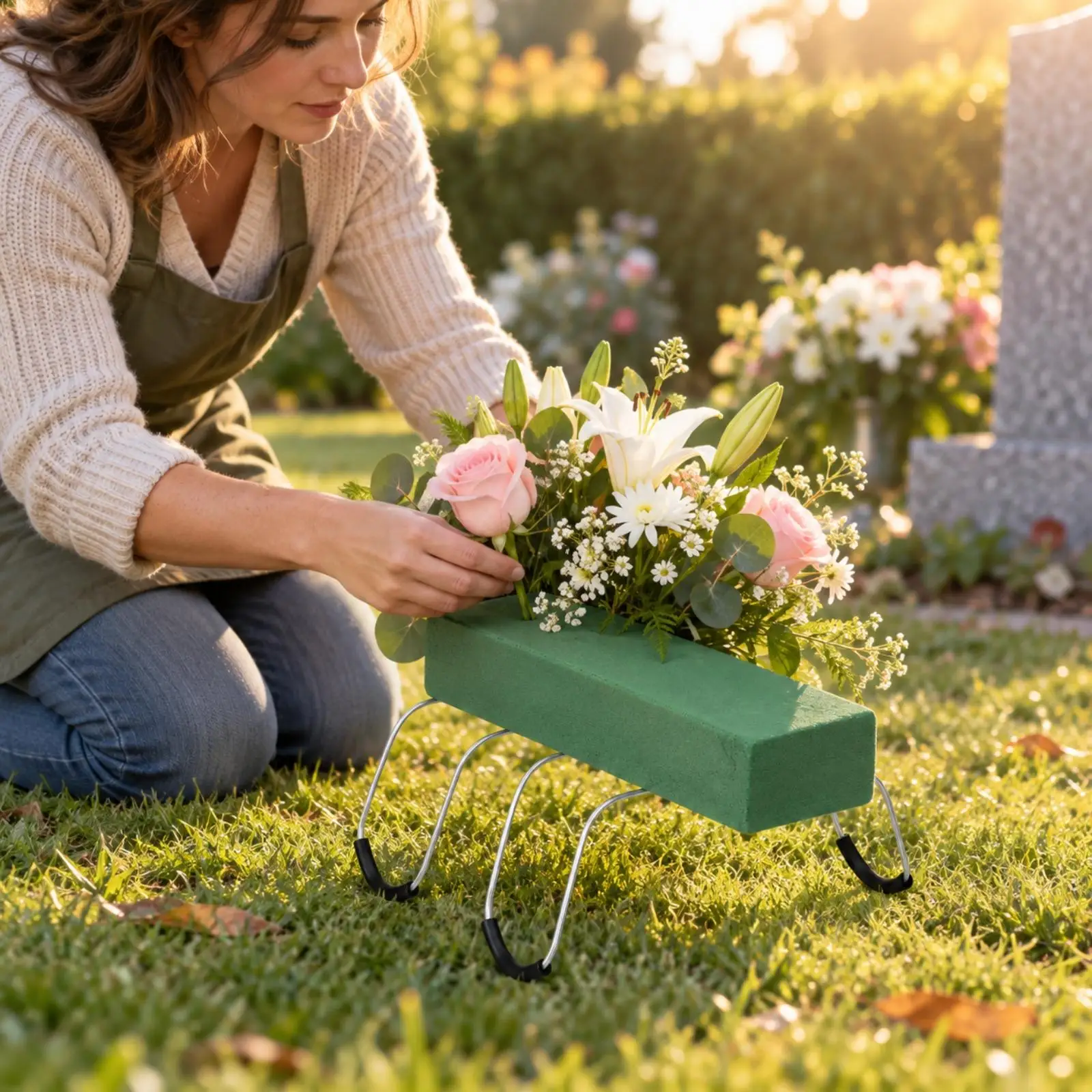 Low Profile Floral Foam Holder for Gravestone with Black Cushion Wire Frame for Memorial Flowers