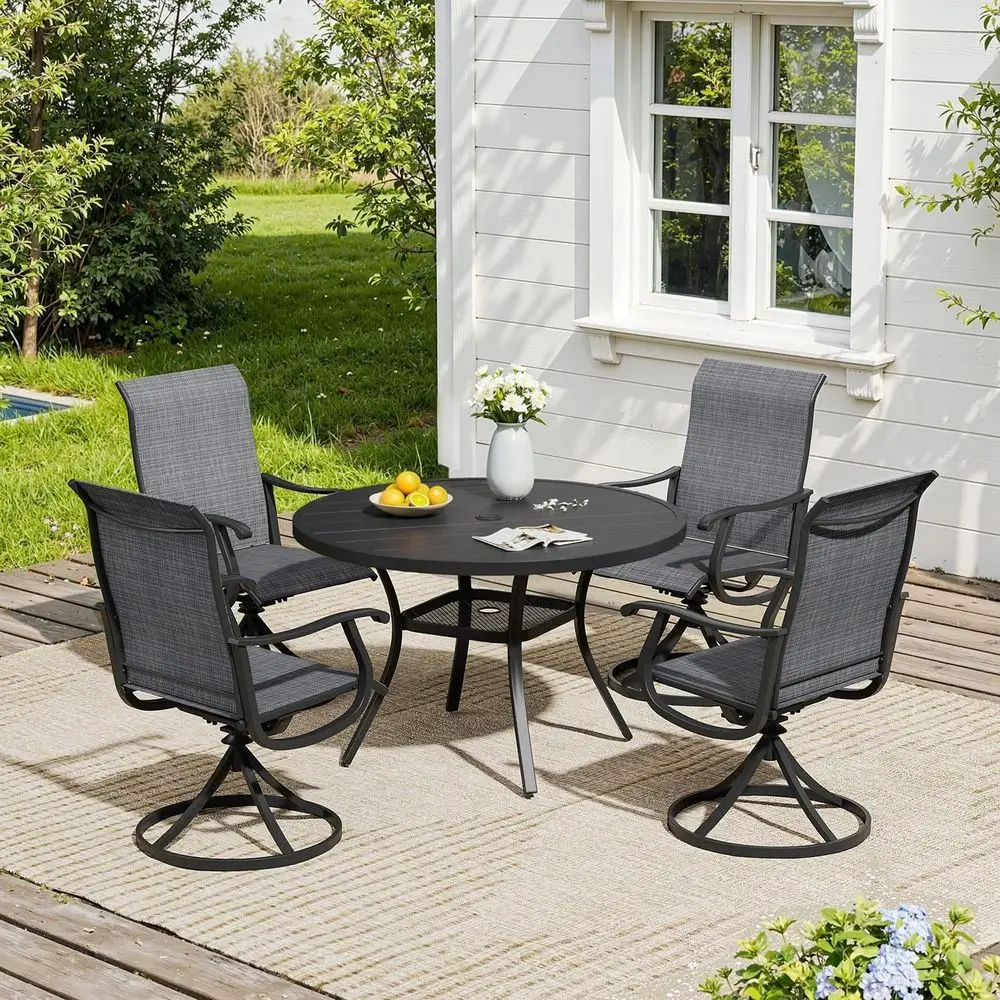 

Обеденный набор для патио из 4 предметов с вращающимися стульями, 4 круглыми столами, угольными сиденьями и черной столешницей с местом для хранения вещей