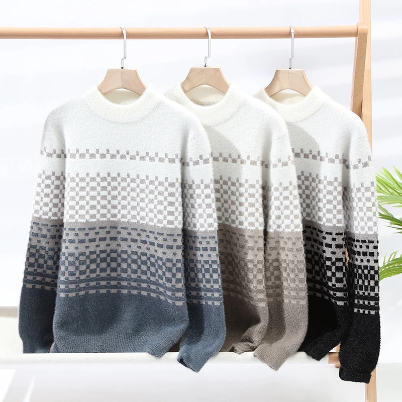 2023 Autumn/Winter new style Plaid Pattern Thicken Warm Sweaters Men's Fashion Casual Loose Comfortable High Quality Sweater