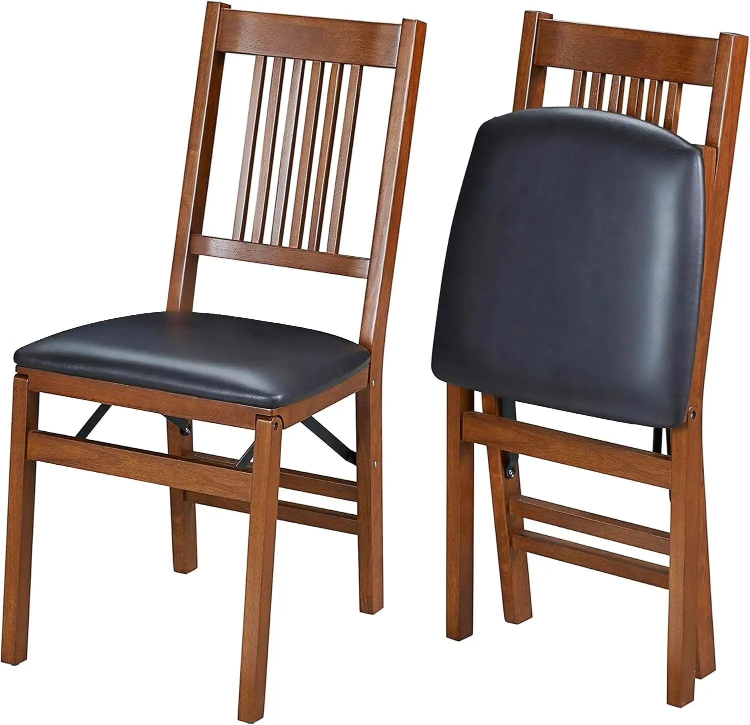 True Mission Solid Foldable Wood Dining Chairs, Fruitwood, 2 Pack | Folding Chair Set with with Black Vinyl Padded Cushioned Uph