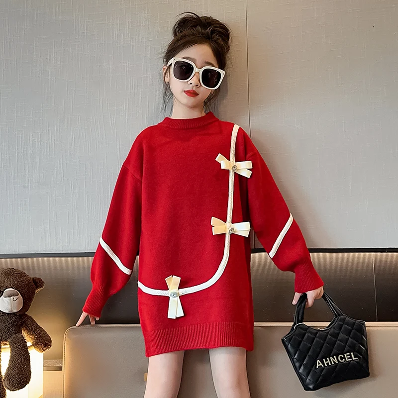 

New Children's Sweater Dress Spring and Autumn Girls' Leisure Fashion Bow Sweater Princess Trendy Cool Versatile Clothes Trendy