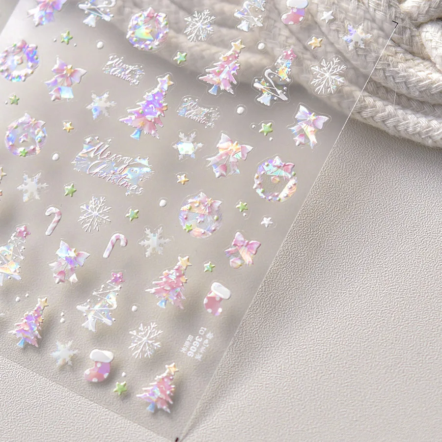 PinkSnowflake Christmas Tree Nail Art Stickers Cute Snowflake Stars Self-Adhesive Nail Art Stickers 5D Embossed Nail Art Sticker