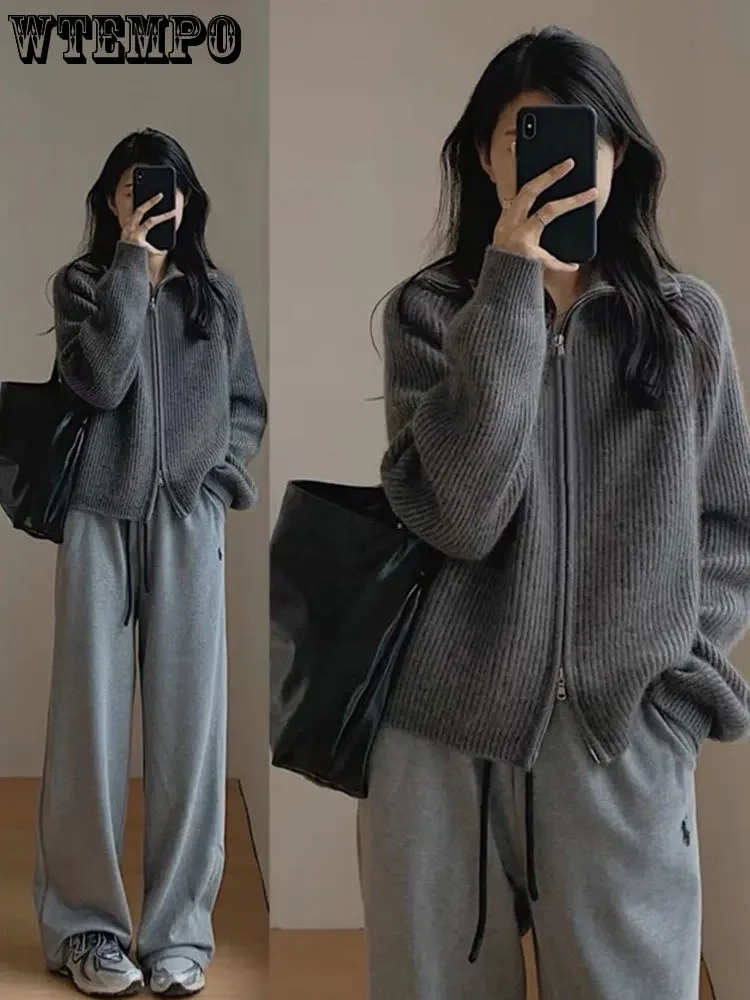 WTEMPO Long Sleeve Knit Sweater Women Spring Autumn Retro Korean Style Lapel Zip-up Knit cardigan Loose Thickened Outerwear