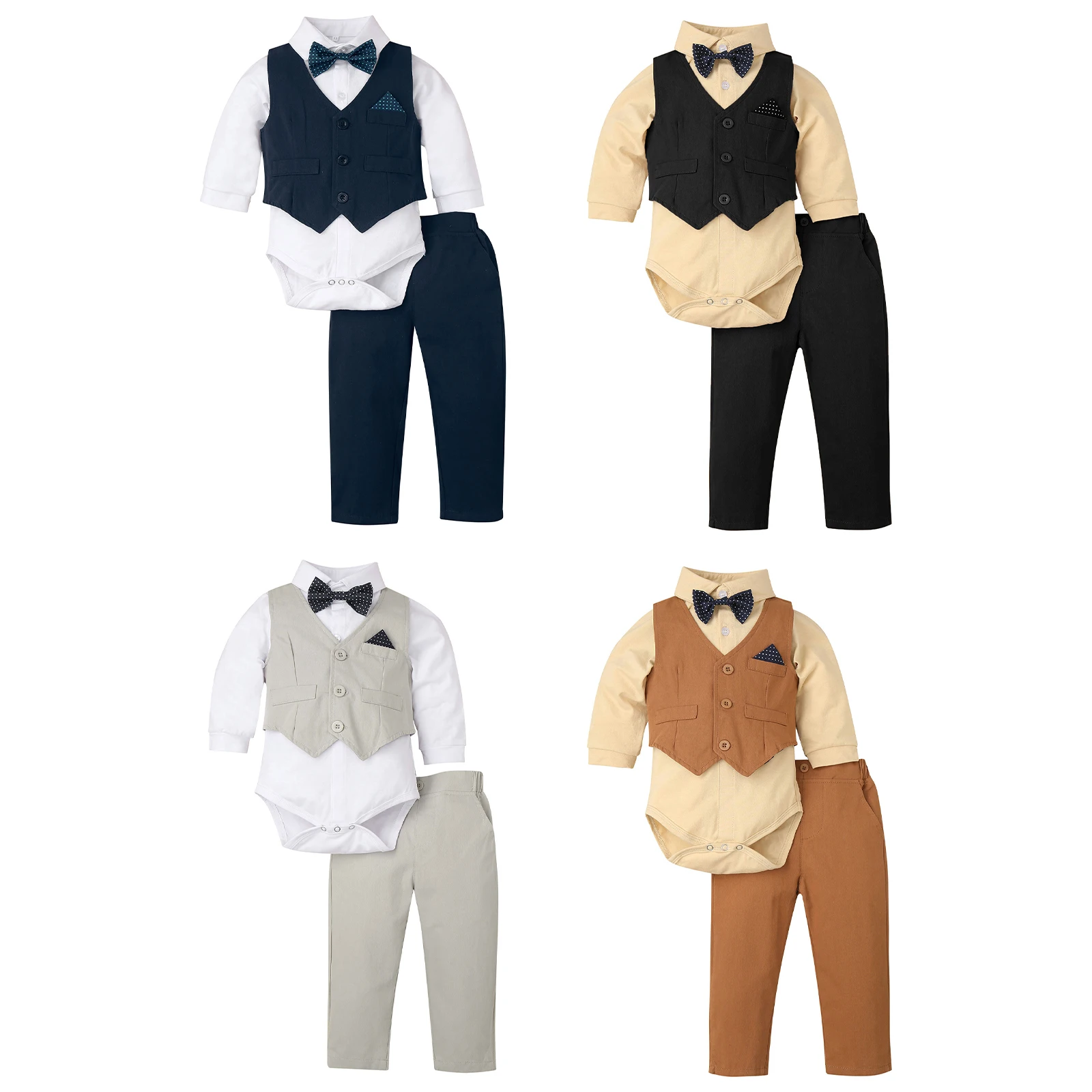 

4Pcs Baby Toddler Boys Formal Gentleman Clothes Birthday Party Dresses Outfit Long Sleeve Romper and Waistcoat Pants Bow Tie Set