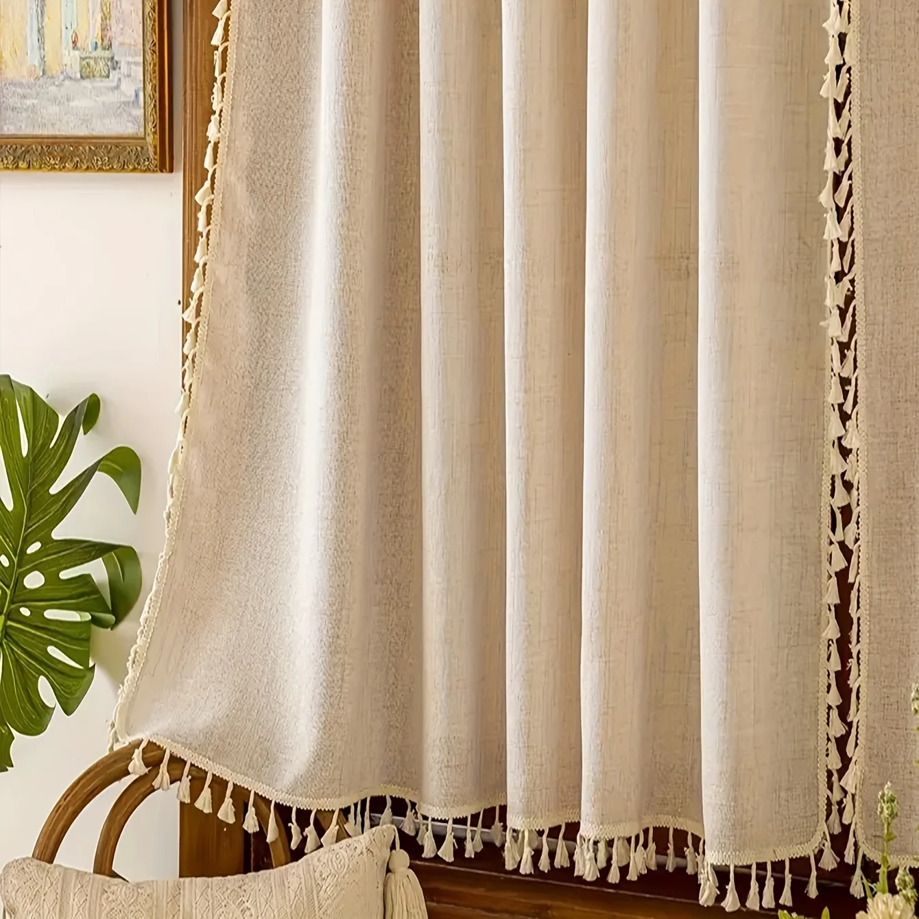1 قطعة ستارة الكتان نمط جديد مع حافة صدفي لتزيين غرفة المعيشة وغرفة النوم ، ستارة قضيب زخرفية شخصية ، غرفة المعيشة ، غرفة النوم ، ستارة قضيب زخرفية لغرفة الدراسة #6