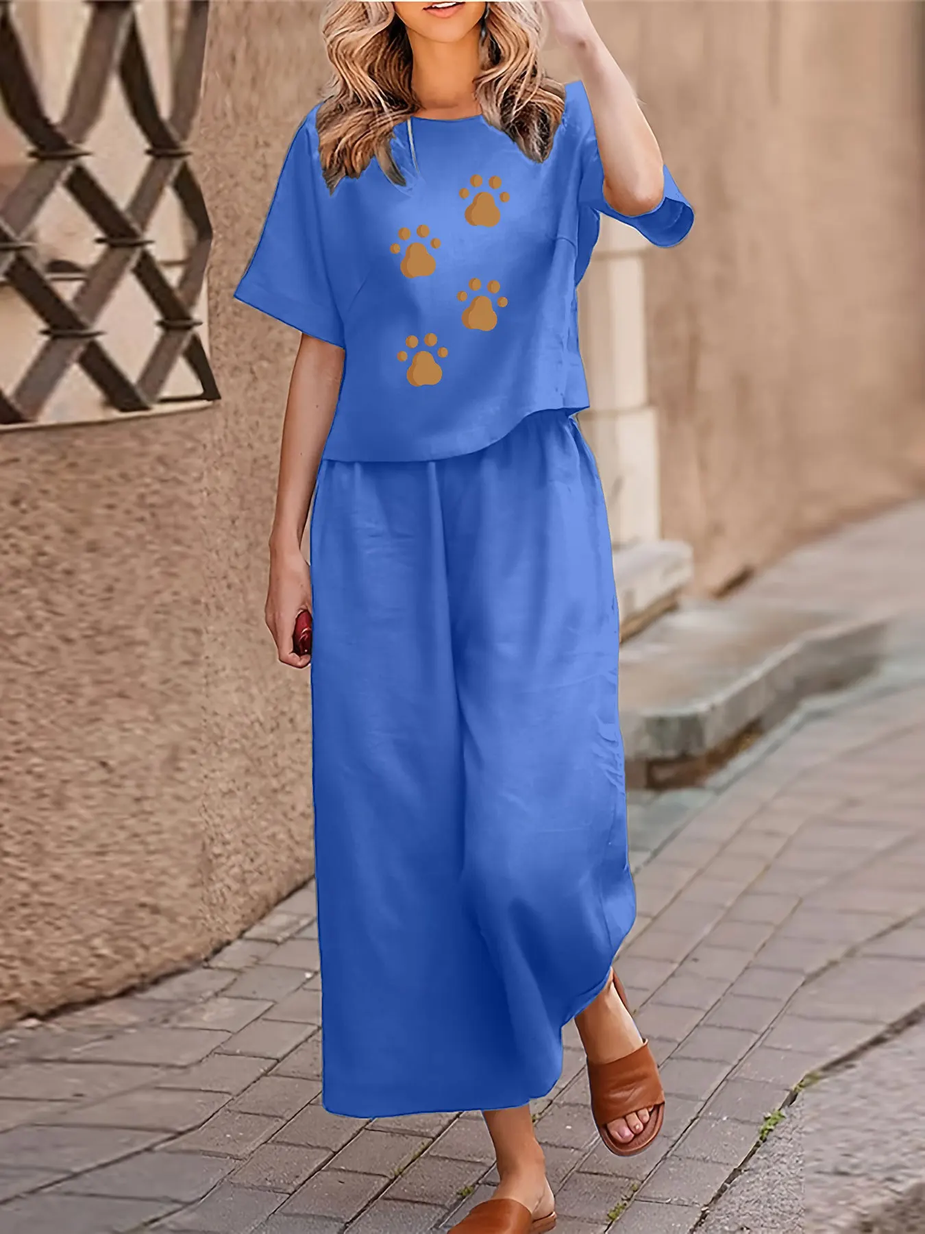 プラスサイズ レディース カジュアル ツーピースセット スーツ プリント 半袖Tシャツ パンツ ツーピースセット ルーズ クルーネック